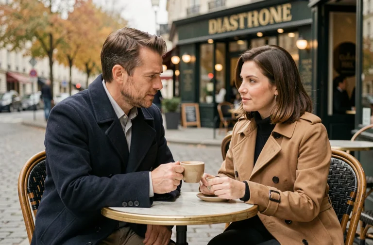 Couple discret attablé à la terrasse d'un café parisien en automne, illustrant la relation entre Olivier Bossard et Alicia Dauby