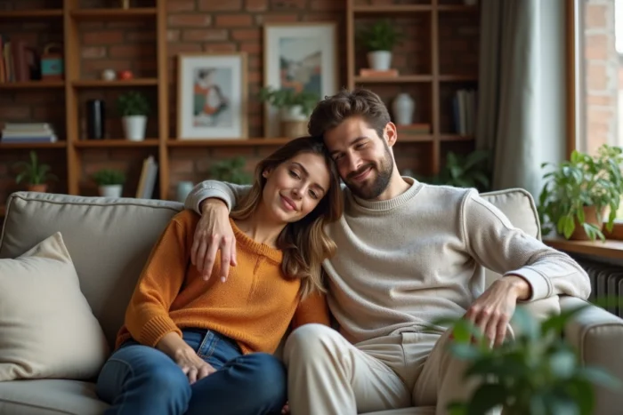Couple détendu assis ensemble dans un appartement moderne et chaleureux, partageant un moment de vie intime à domicile