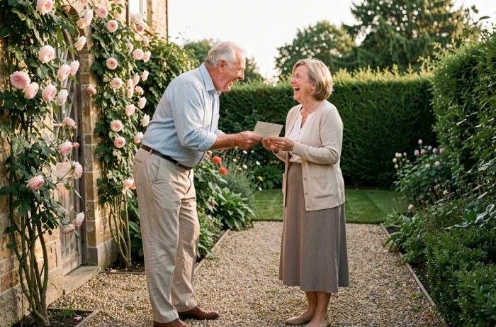 Couple de seniors riant dans un jardin lors de la célébration de leurs 40 ans de mariage avec une carte humoristique