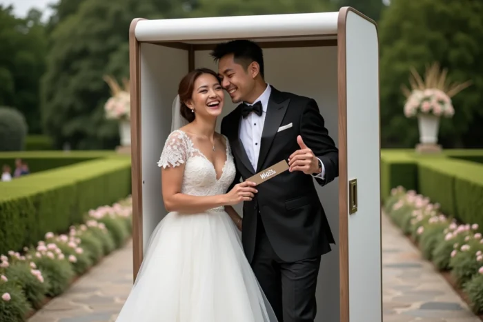 Couple de mariés posant dans un photobooth extérieur bien réglé en hauteur lors d'une réception de mariage en jardin