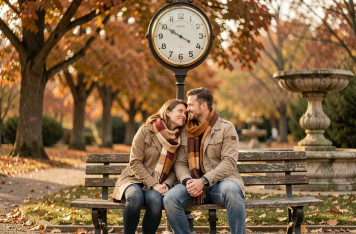 Couple amoureux assis sur un banc de parc devant une horloge affichant 15h05, illustrant la signification de l'heure miroir sur la vie amoureuse