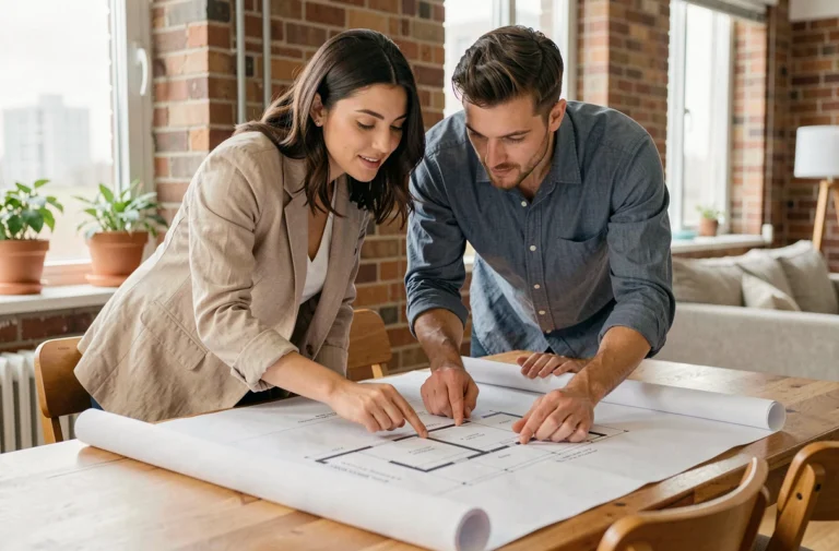 Couple étudiant les plans de construction de leur future maison sur une table en bois