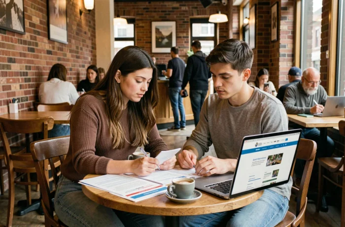 Couple préparant leurs démarches administratives de voyage avec des documents et un ordinateur portable dans un café