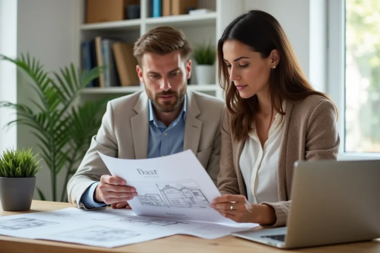 Couple consultant des documents immobiliers sur un site spécialisé pour leur projet d'achat