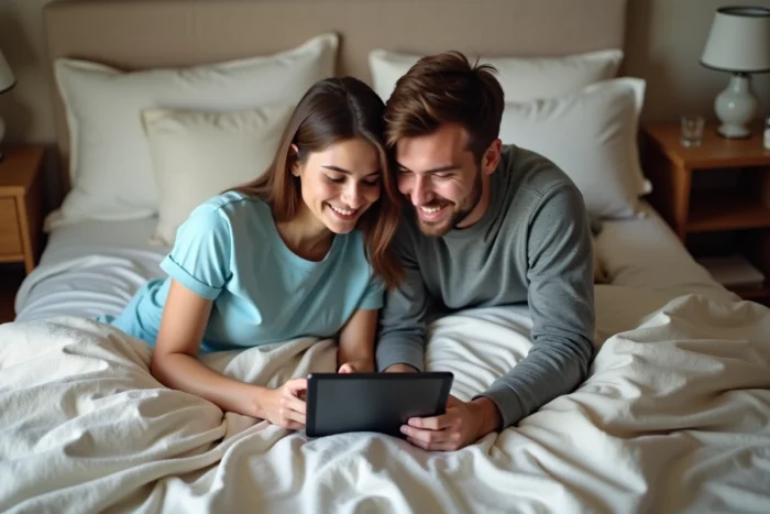 Couple regardant le replay de 6play sur une tablette dans la chambre