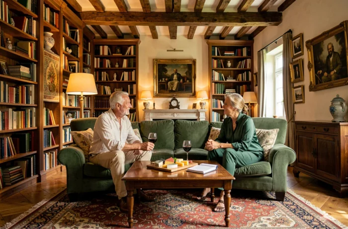 Couple de retraités aisés dans leur salon bourgeois bordelais, partageant un verre de vin dans un intérieur raffiné