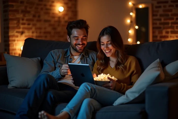 Couple regardant un film en streaming sur tablette dans un salon cosy avec pop-corn