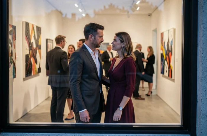 Couple élégant échangeant un regard complice lors d'un vernissage parisien, suggérant la discrétion de la relation entre Olivier Bossard et Alicia Dauby