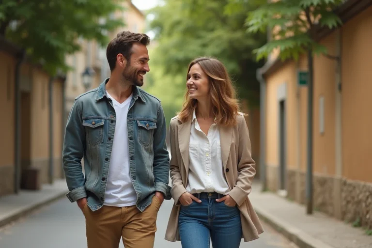 Couple se promenant dans une rue ensoleillée du sud de la France, partageant un moment de complicité naturelle