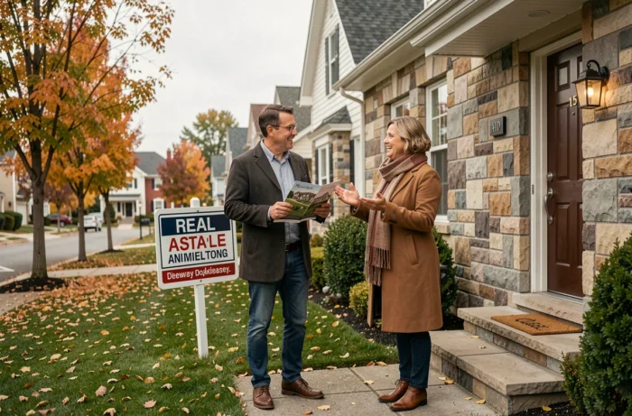 Couple visitant une maison à vendre avec panneau immobilier dans un quartier résidentiel en automne