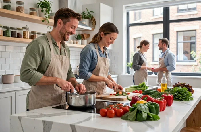 Deux couples cuisinant ensemble dans une cuisine moderne avec des légumes frais sur un îlot en marbre