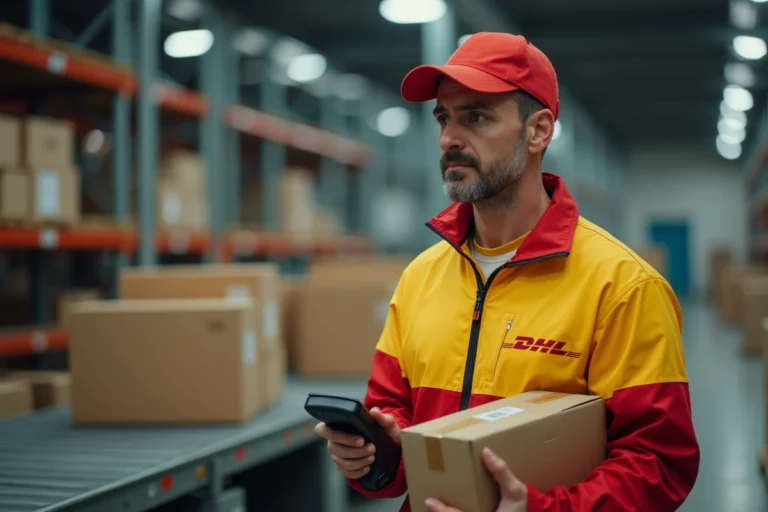 Coursier DHL en uniforme rouge et jaune tenant des colis non livrés devant un centre de tri pendant la grève en France