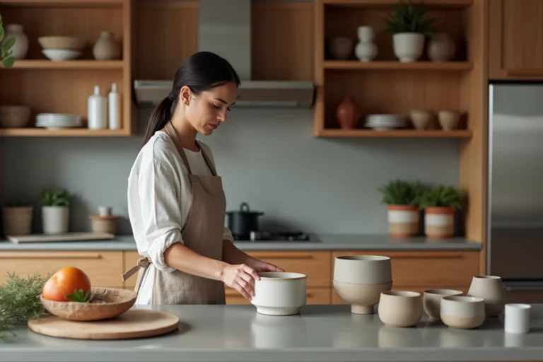Femme arrangeant des céramiques artisanales dans une cuisine moderne au style scandinave avec équipements fonctionnels