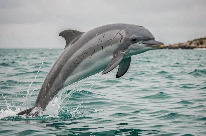 Dauphin souffleur bondissant hors de l'eau turquoise de l'océan avec des gouttelettes d'eau suspendues autour de son corps