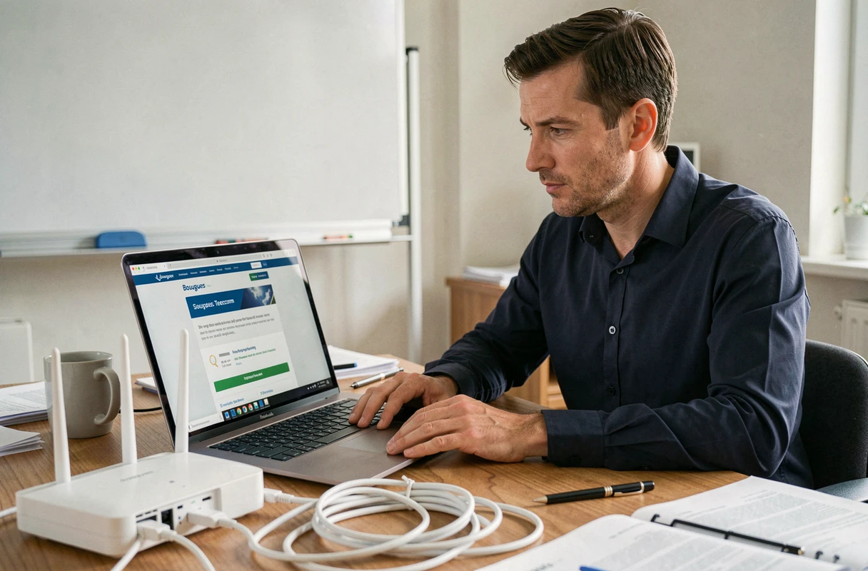 Homme consultant le support Bouygues Telecom sur ordinateur pour résoudre l'erreur S1