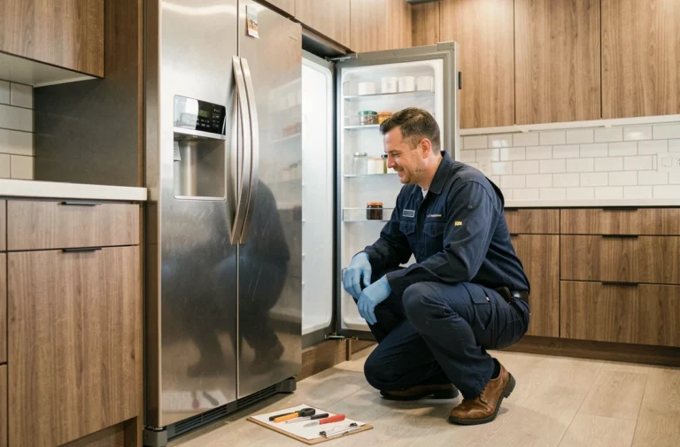 Technicien effectuant un diagnostic complet sur un frigo américain ouvert dans une cuisine moderne