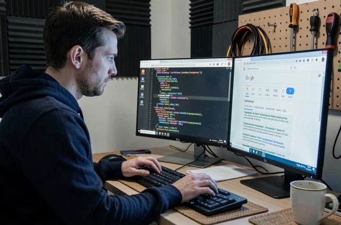 Un développeur consultant du code de données structurées et des résultats Google enrichis sur ses écrans