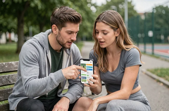Deux personnes en tenue sportive consultant ensemble le plan du site Soyez Sport sur un smartphone en plein air