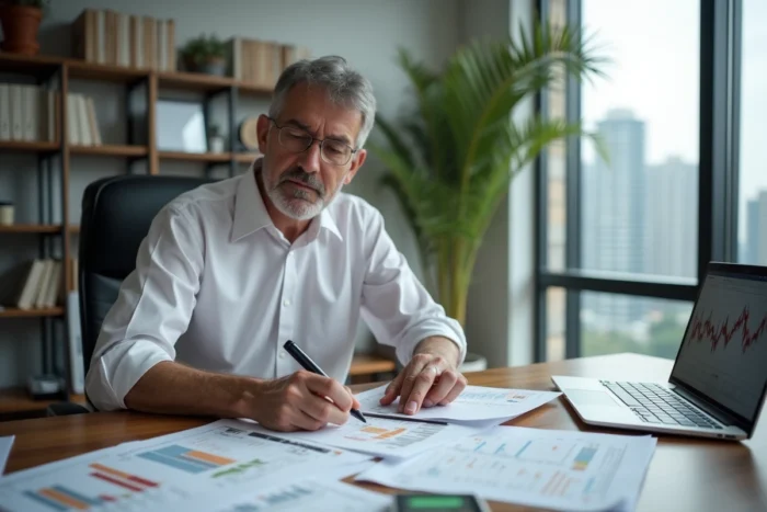 Économiste analysant des graphiques d'inflation et des données financières dans un bureau professionnel avec vue sur la ville