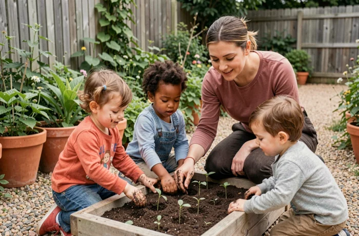 Éducatrice accompagnant des enfants d'âge préscolaire dans une activité de jardinage en plein air, encourageant leur développement sensoriel, leur autonomie et leur bien-être global