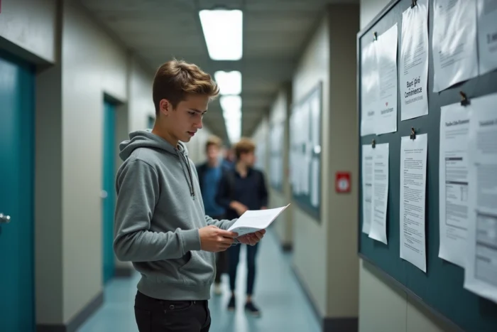 Élève de lycée lisant des informations sur les critères d'admission au bac pro commerce affiché dans un couloir scolaire