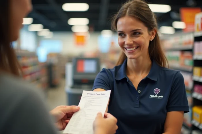 Employée de magasin remettant un reçu avec QR code pour le sondage BKVousEcoute
