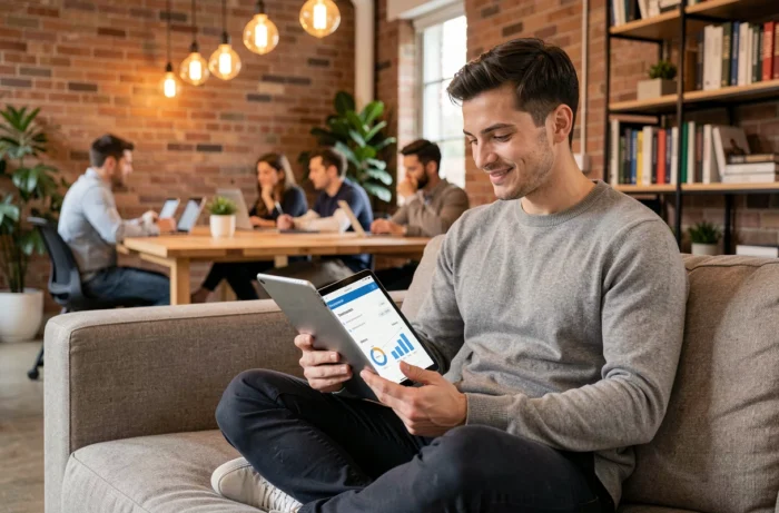 Jeune entrepreneur consultant la stratégie d'une agence business en ligne sur tablette dans un espace de coworking
