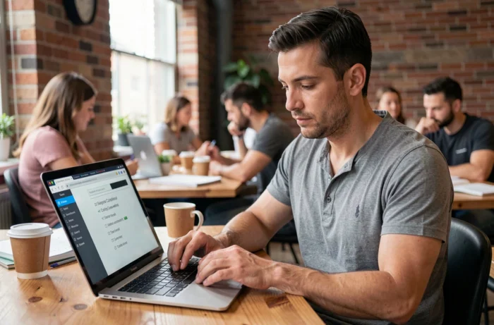 Entrepreneur vérifiant les obligations légales de son site de coaching depuis un espace de co-working