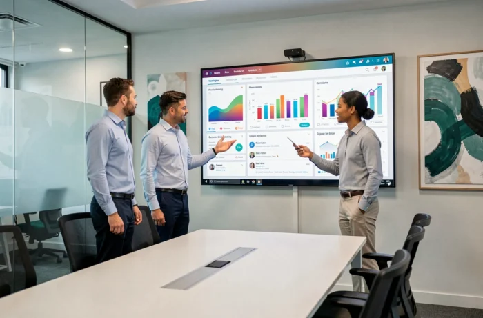 Équipe professionnelle analysant des tableaux de bord d'une agence business en ligne en salle de réunion