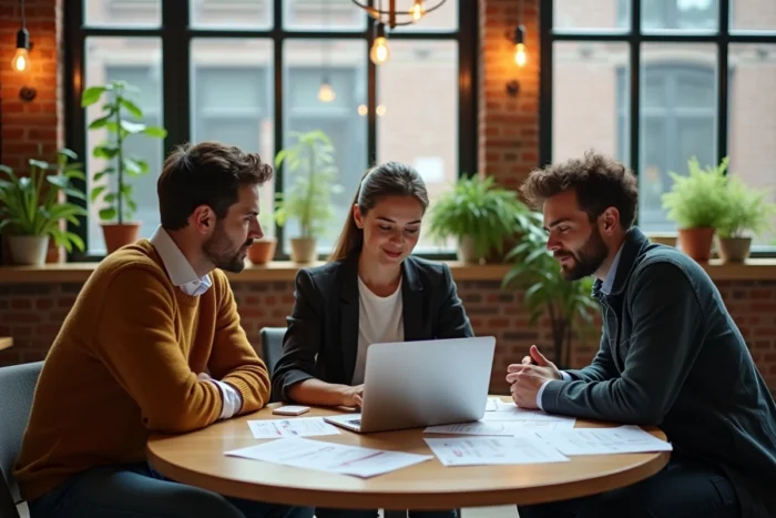 Équipe pluridisciplinaire collaborant sur une stratégie de développement d'entreprise dans un espace de coworking