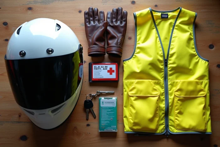 Équipements obligatoires pour la moto en Espagne disposés sur une table : casque, gilet, gants et trousse de secours