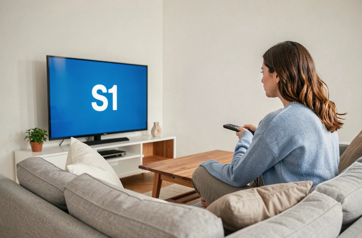 Femme face à un écran d'erreur S1 sur sa télévision connectée à la box Bouygues