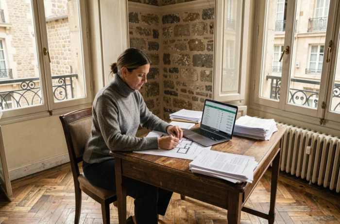 Femme étudiant les prévisions des prix immobiliers à Lyon dans un appartement de la Presqu'île avec plans et données de marché