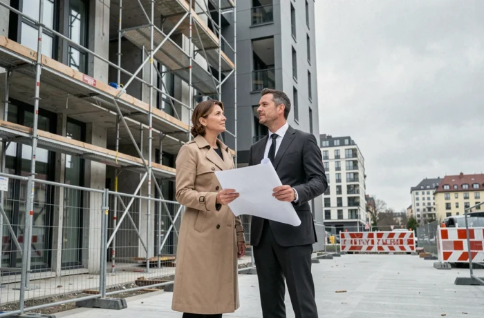 Deux professionnels immobiliers évaluant un immeuble en construction à l'étranger avec des plans architecturaux en main