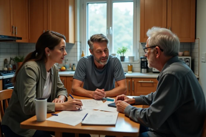 Famille réunie autour d'une table de cuisine pour gérer le budget du foyer face à la hausse des prix liée à l'inflation