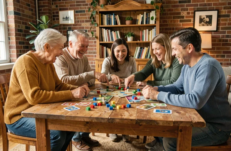 Famille multigénérationnelle jouant à un jeu de société autour d'une table en bois dans un salon chaleureux