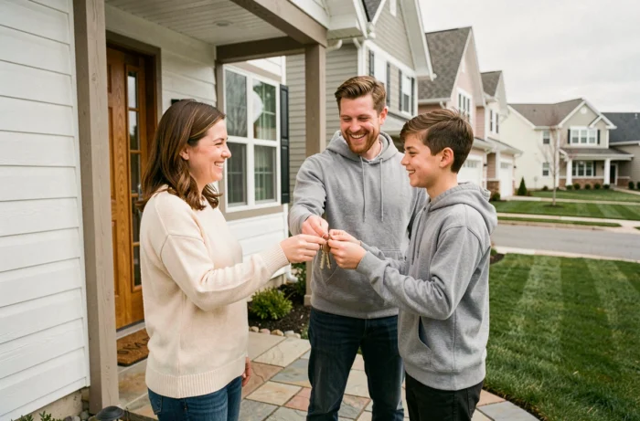 Famille heureuse devant leur nouvelle maison tenant les clés lors de l'emménagement