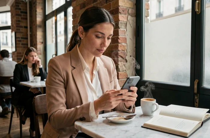 Femme consultant les dernières actualités et tendances sur son smartphone dans un café parisien moderne
