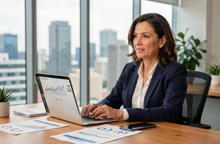 Femme d'affaires professionnelle en visioconférence avec une agence business en ligne dans un bureau moderne