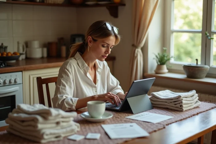 Femme parcourant des alternatives à Vinted sur une tablette avec des vêtements à vendre posés sur une table de cuisine
