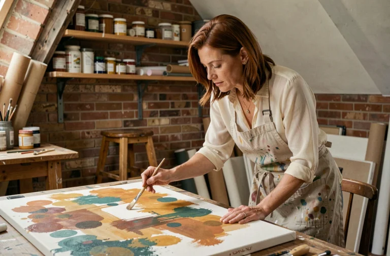 Femme artiste peignant une toile abstraite dans un atelier créatif en brique avec des pinceaux et des pigments colorés