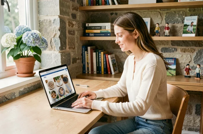 Jeune femme bretonne découvrant un site web regroupant les produits et services de Bretagne depuis son bureau à domicile