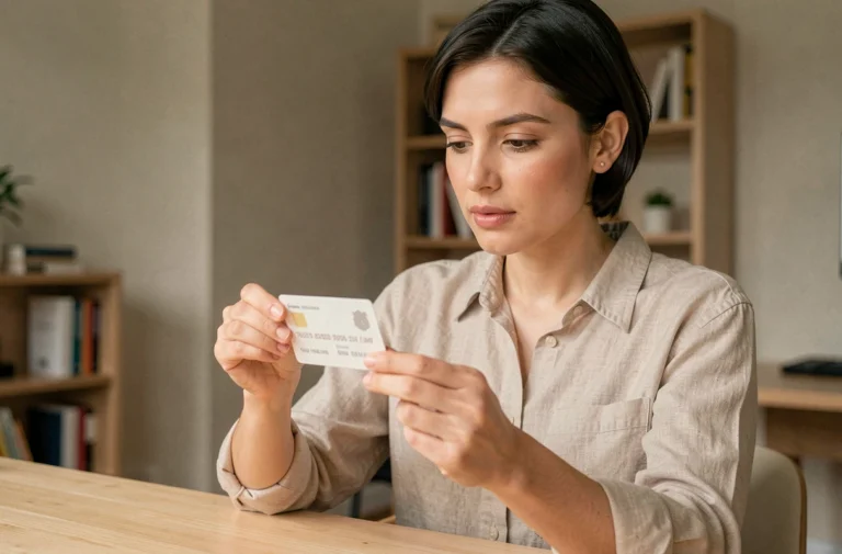 Femme examinant la date d'expiration MM/AA sur sa carte bancaire à son bureau