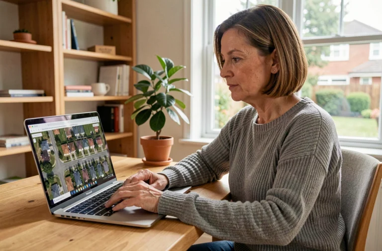 Femme consultant une carte satellite de sa maison sur un ordinateur portable depuis son bureau à domicile