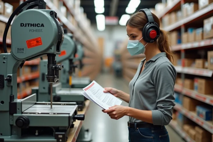 Femme comparant deux modèles de scies radiales dans le rayon outillage d'un magasin de bricolage