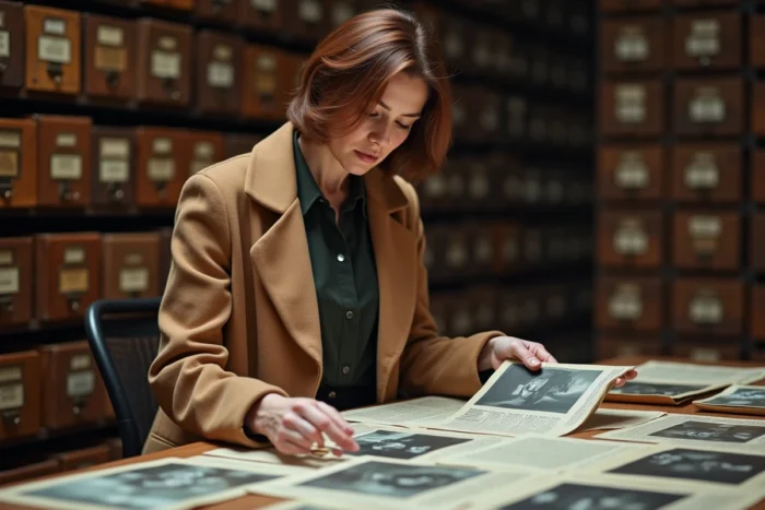 Femme française élégante consultant des archives photographiques et coupures de presse dans une salle d'archives historique, illustrant la biographie et l'âge de Michèle Laroque