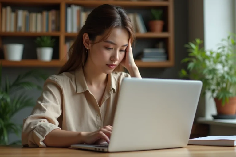 Femme consultant le plan du site d'un blog lifestyle sur un ordinateur portable dans un bureau à domicile