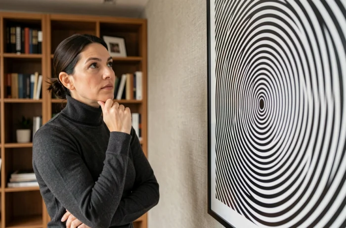 Femme observant une œuvre d'art optique op-art avec anneaux géométriques noirs et blancs créant une illusion de mouvement