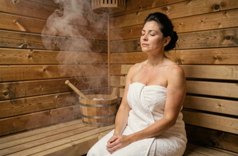 Femme détendue enveloppée d'une serviette blanche assise sur un banc en bois de sauna finlandais avec vapeur ambiante