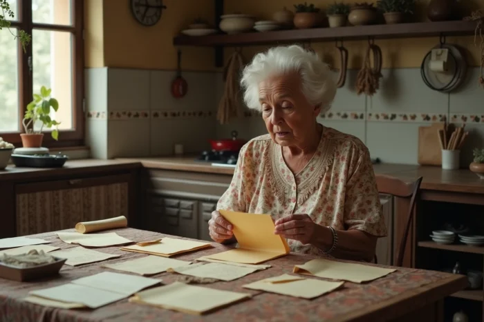 Femme âgée consultant des documents généalogiques et lettres de famille anciennes sur une table en bois rustique